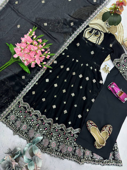RangBhoomi Designer Party Wear Two-Tone Fandy Silk Embroidered Gown with Dupatta & Plazo