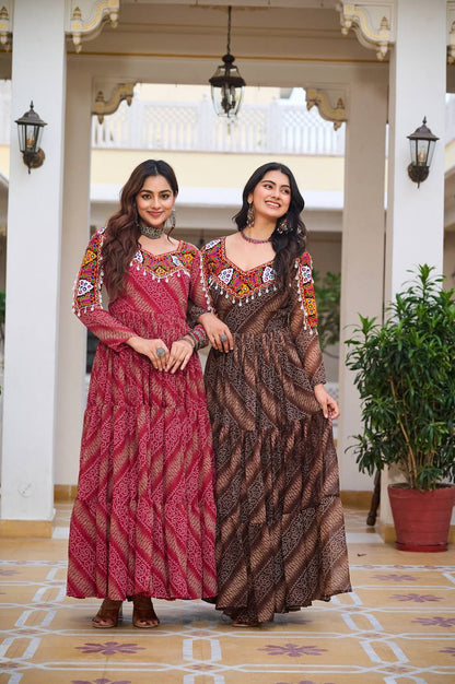 Navratri Gamathi Work Gown – Celebrate in Bandhni Elegance