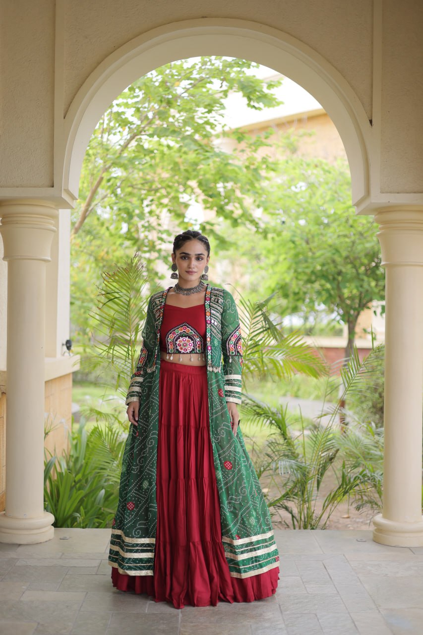 RangBhoomi Navratri 2026 Rayon Lehenga Set with Bandhani Shrug — Full-Stitched Festive Ensemble