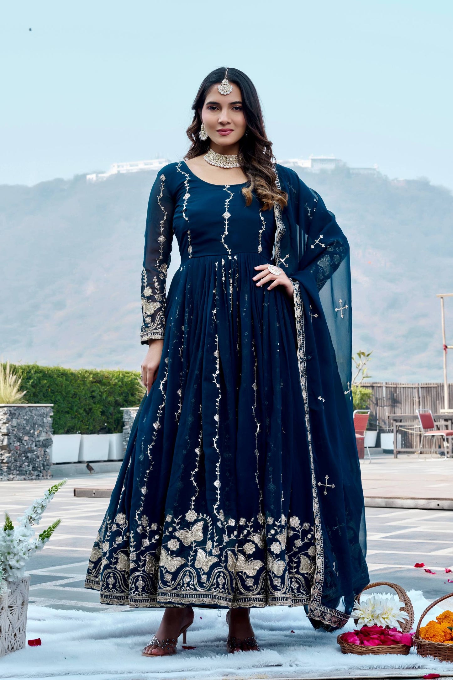 RangBhoomi Festival Long Gown with Matching Dupatta – Elegant Fox Georgette Ensemble with Heavy Sequin Embroidery