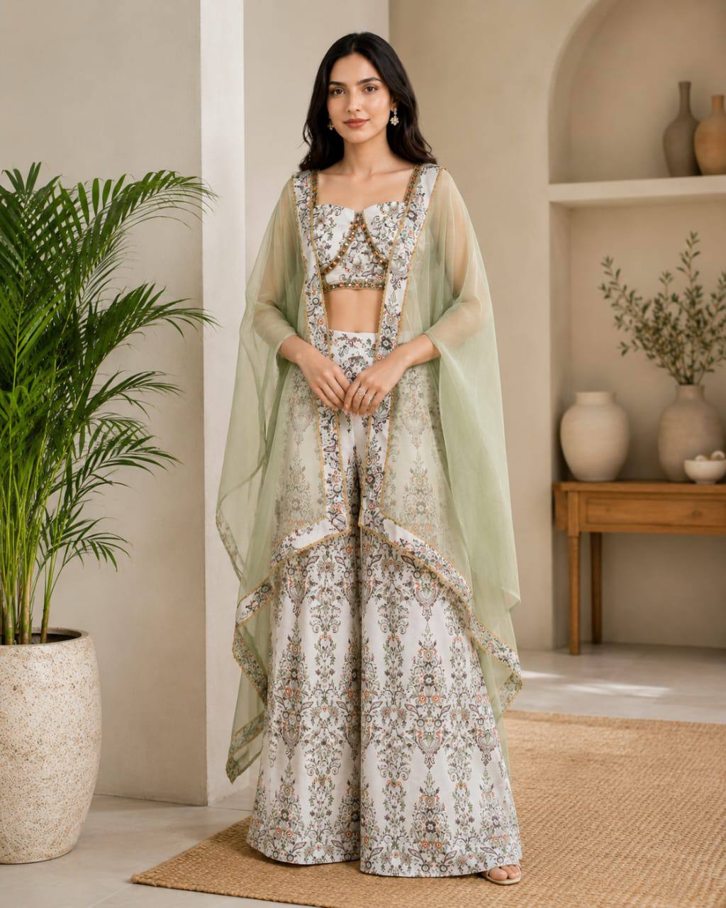 RangBhoomi Designer Indo-Western Luxury Edit — Floral Printed French Crepe Top with Palazzo & Organza Cape