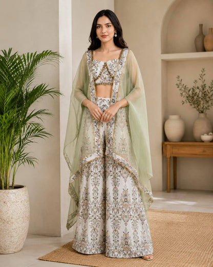RangBhoomi Designer Indo-Western Luxury Edit — Floral Printed French Crepe Top with Palazzo & Organza Cape