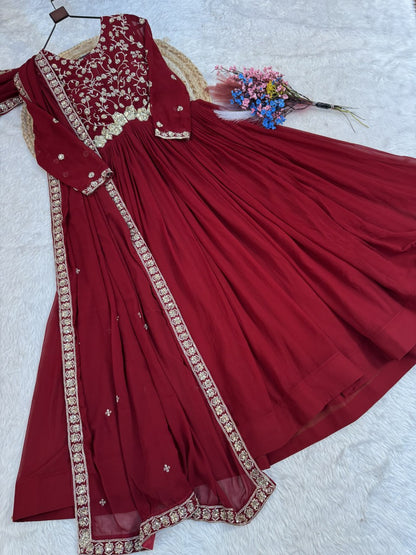 Elegant Gown and Dupatta Set with Embroidered Faux Blooming Fabric by RangBhoomi