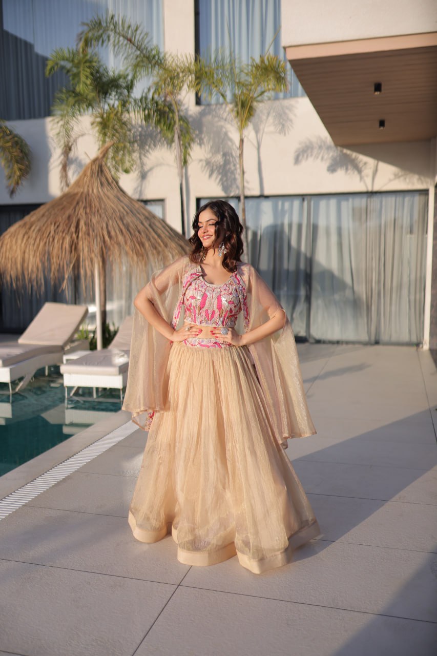 Elegant Sindur Silk Embroidered Lehenga Choli Set with Sleeveless Blouse and Matching Shrug
