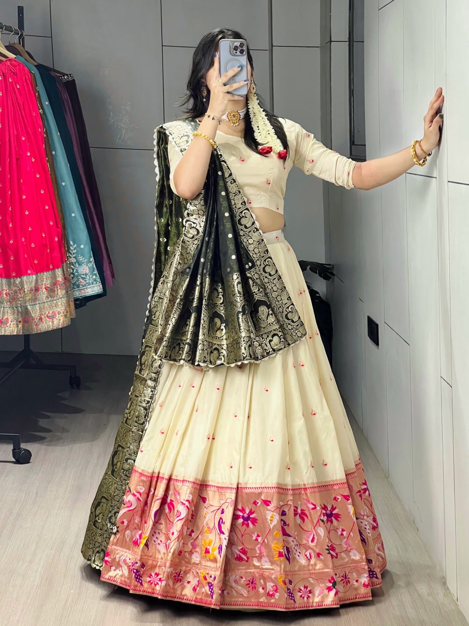 RangBhoomi Paithani Silk Lehenga Choli – Vibrant Traditional Maharashtrian Ethnic Wear with Gold Zari Detailing and Satin Silk Dupatta