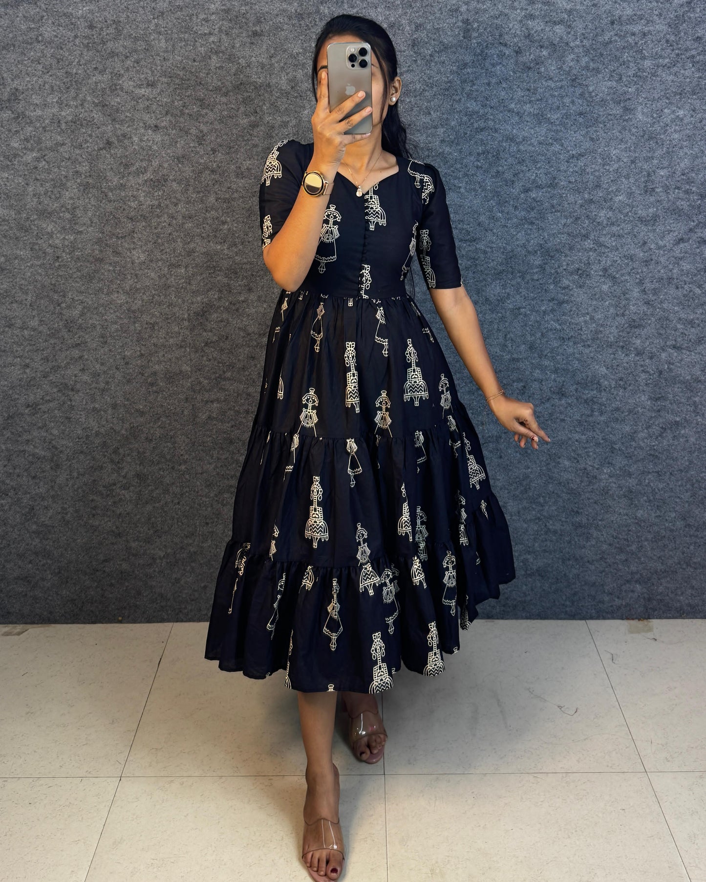 RangBhoomi Exclusive Hand-Block Printed Pure Cotton Warli Art Maxi Gown with Side Pocket