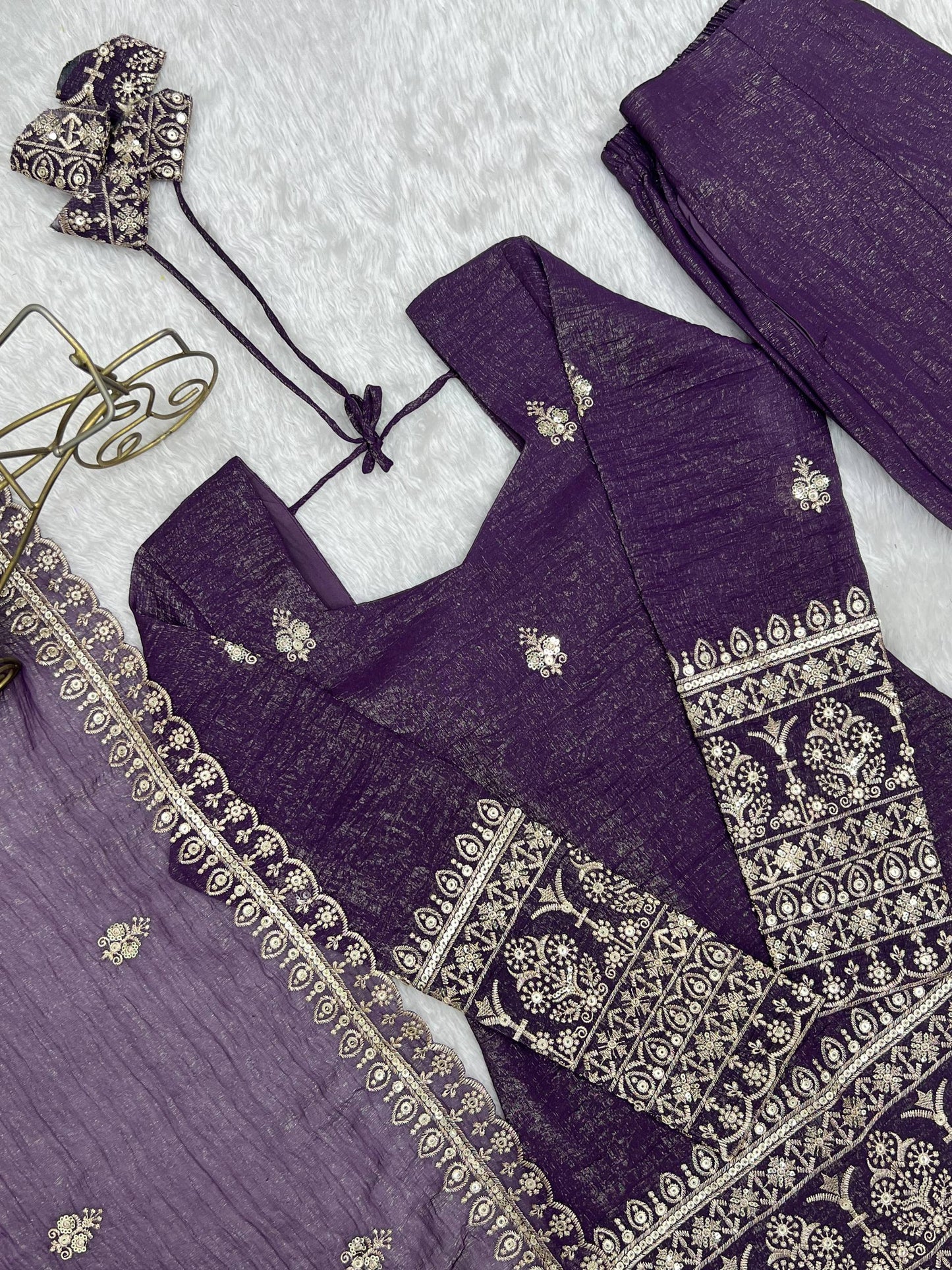 Elegant Ready-to-Wear Crunchy Silk Ensemble with Embroidered Sequences, Jari Detailing, Dupatta, and Bell-Bottom Pants