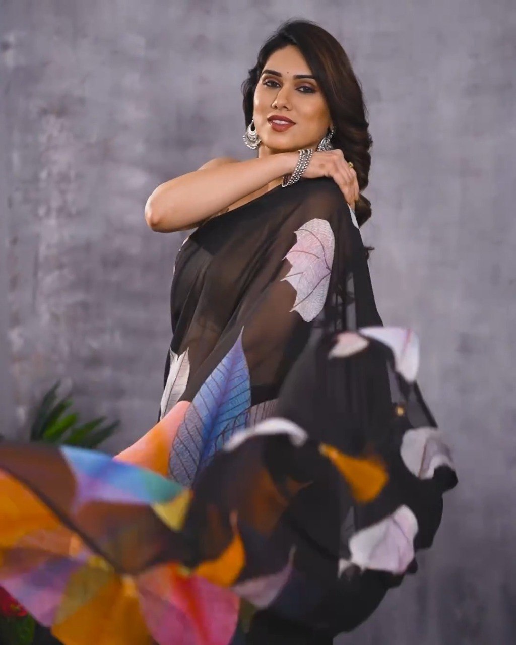 Black Georgette Saree with Colorful Leaf Print