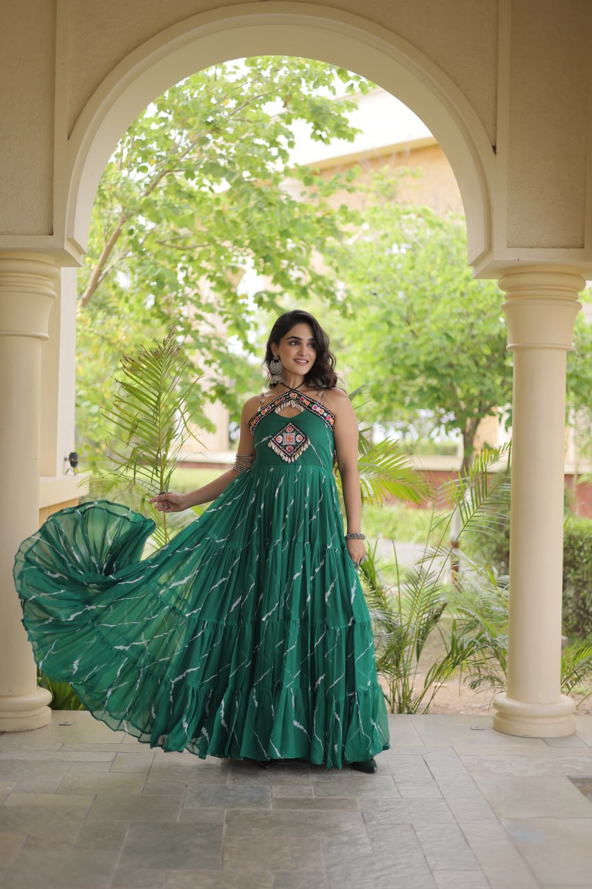 RangBhoomi Navratri Laheriya Patchwork Faux Georgette Gown - Sleeveless 56" Length, L (Adjustable 38-44)