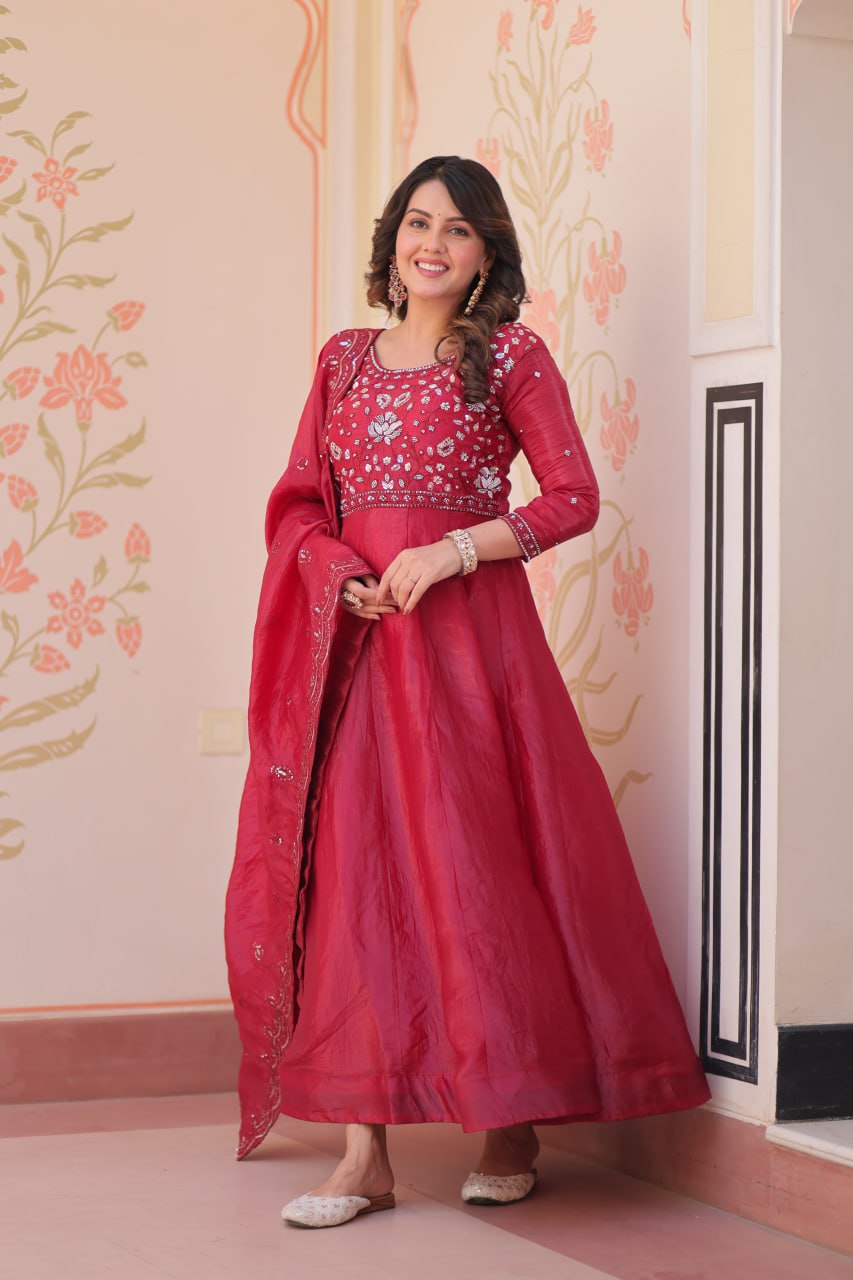 Elegant Gold Crush Embroidered Gown and Designer Dupatta Set