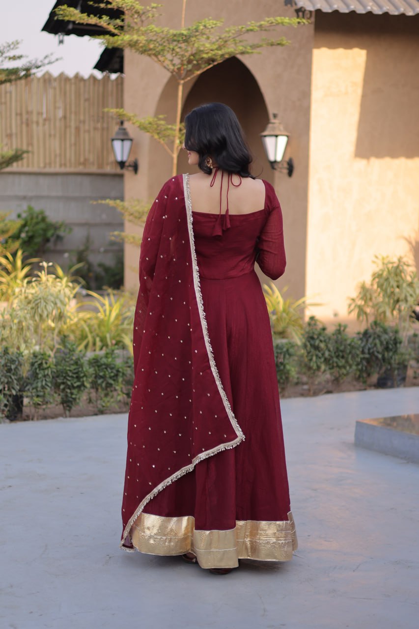 RangBhoomi Silver Mirror Lace Gown with Dupatta - Elegant Occasion Wear
