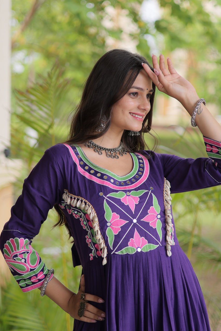 RangBhoomi Navratri Embroidered Kora Cotton Gown - Full Sleeve 54" Length (Rust, Purple)