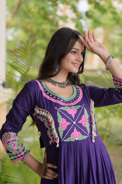 RangBhoomi Navratri Embroidered Kora Cotton Gown - Full Sleeve 54" Length (Rust, Purple)