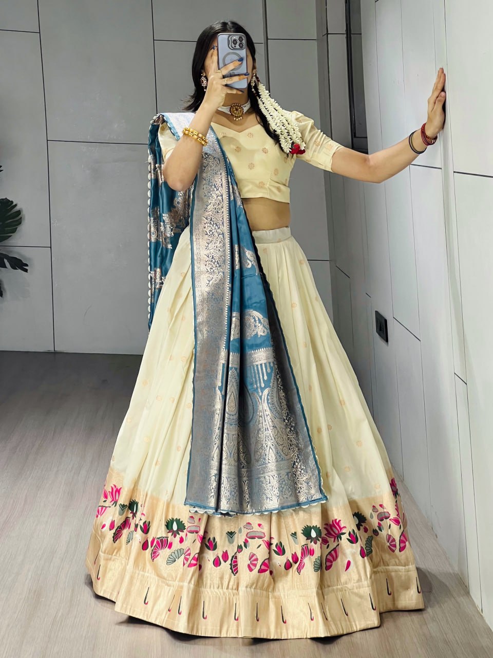 Exquisite Paithani Silk Lehenga with Vibrant Colorful Motifs, Iconic Gold Zari Border, and Signature Satin Silk Dupatta