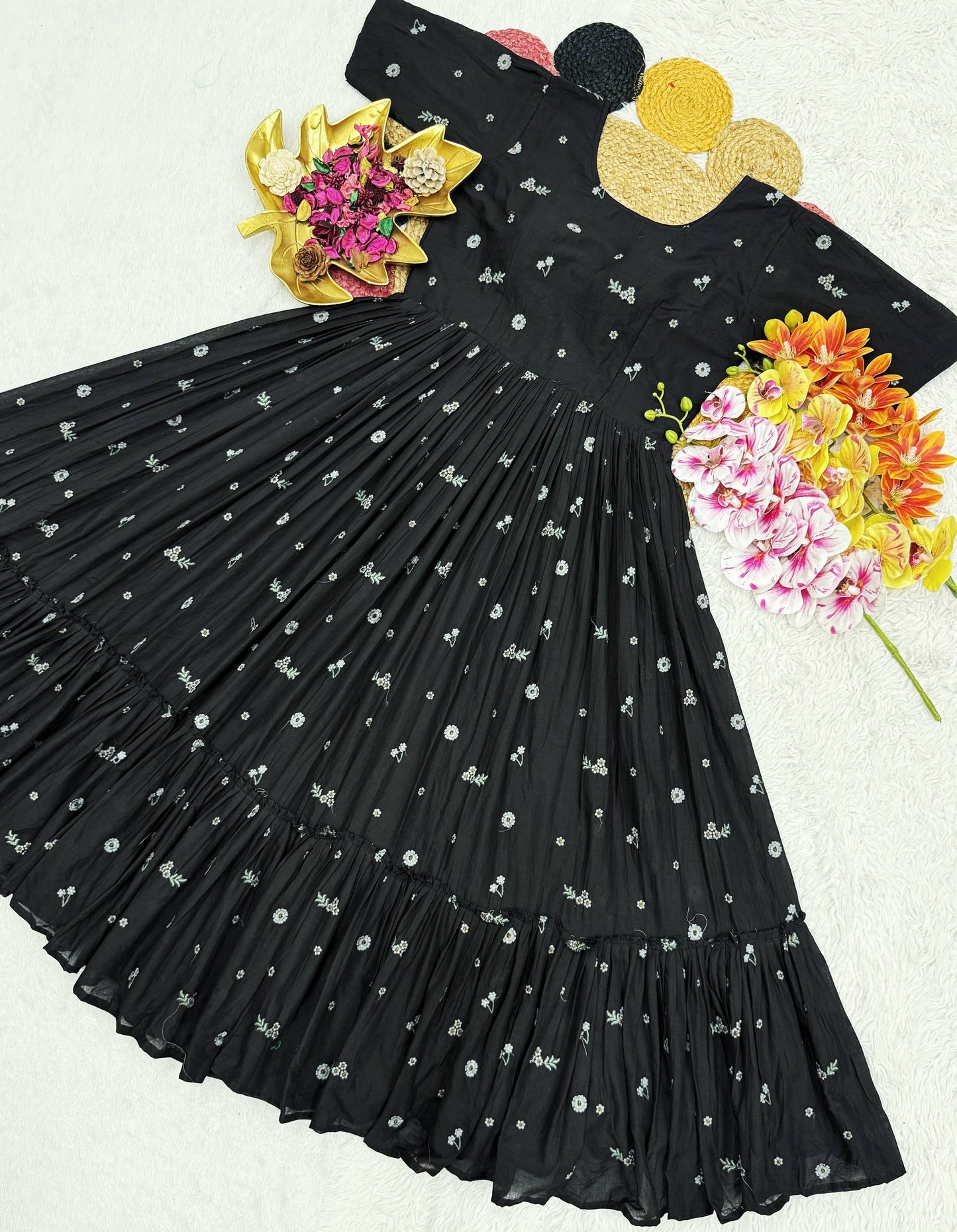 Exclusive Summer Mull Chanderi Gown with Floral Embroidered Thread Work – Elegance and Comfort Perfectly Combined