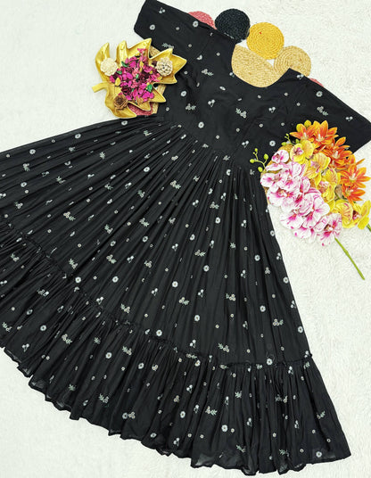 Exclusive Summer Mull Chanderi Gown with Floral Embroidered Thread Work – Elegance and Comfort Perfectly Combined