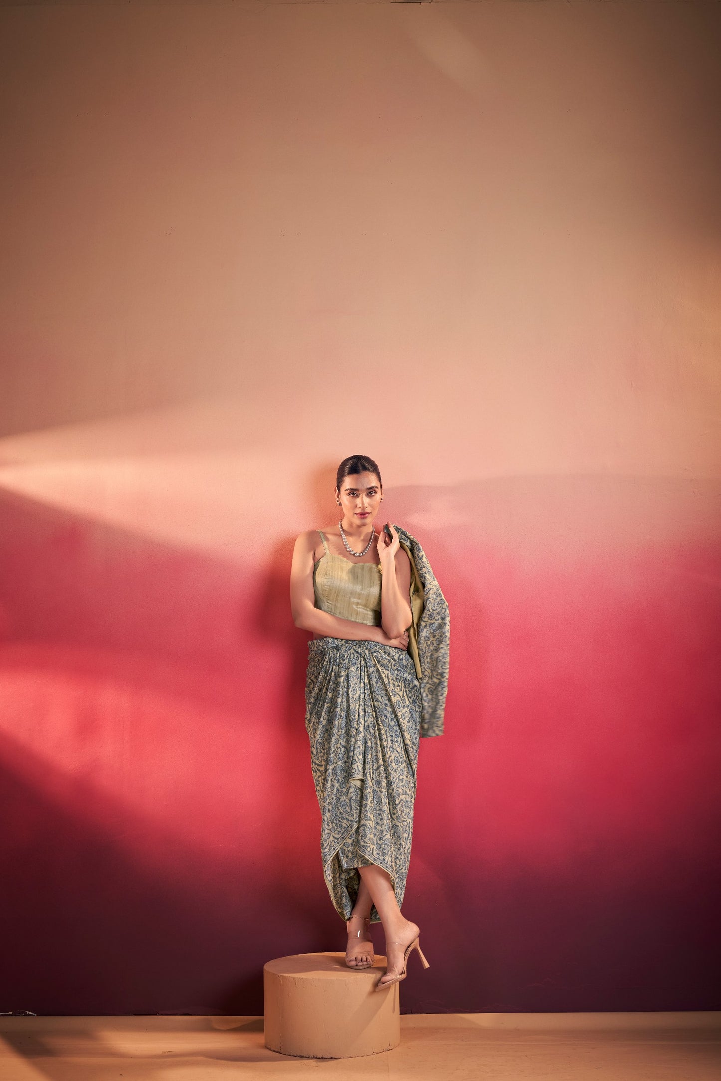 Elegant Tasar Silk Ensemble with Flowing Silhouettes and Artistic Prints for Festive Charm and Modern Style