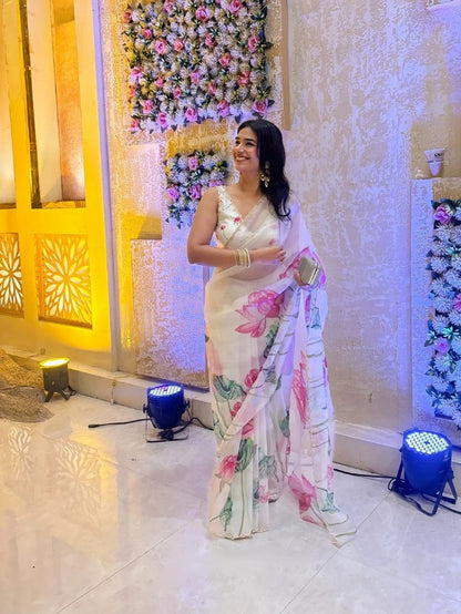 Ready to Wear Organza Saree - Floral Print, Lightweight
