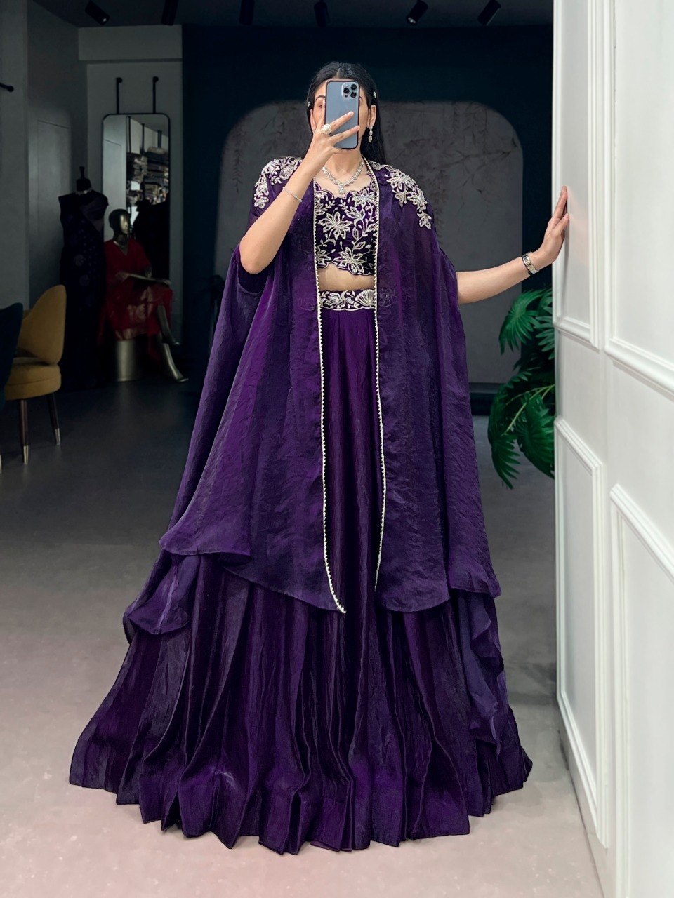 Elegant Cape-Style Lehenga Set in Fendi Silk with Beaded and Embroidered Details