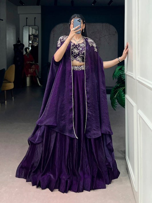 Elegant Cape-Style Lehenga Set in Fendi Silk with Beaded and Embroidered Details