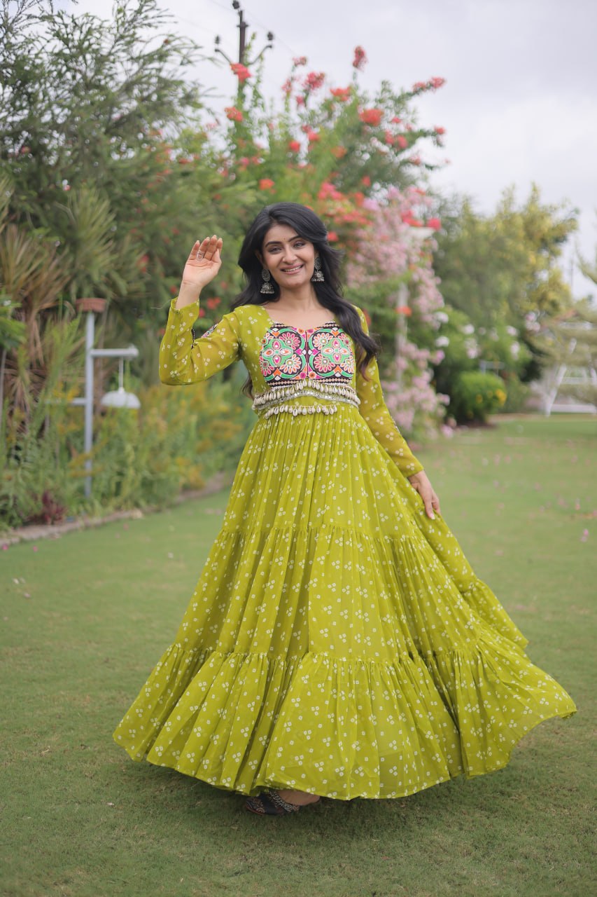 RangBhoomi Bandhani & Kutchi Patchwork Faux Georgette Gown — Full Sleeve, 12m Flair, Cotton Lining