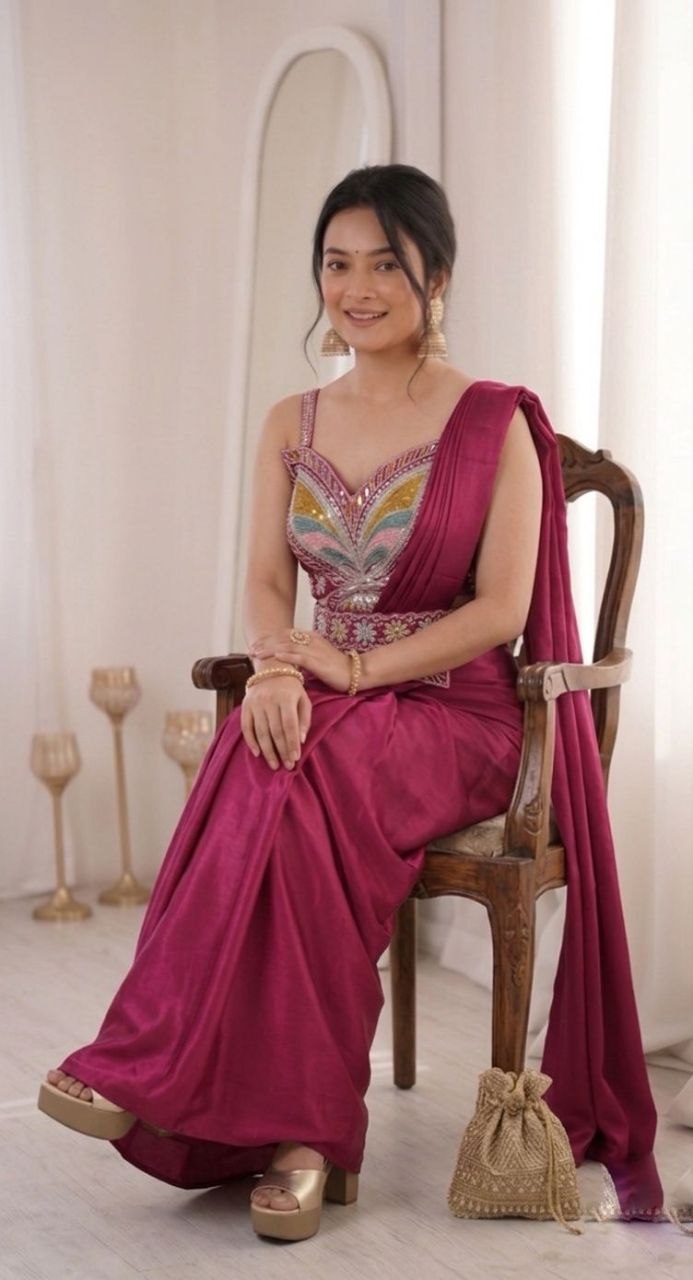 RangBhoomi Ready-to-Wear Saree with Elegant Embroidery and Sequined Blouse – Heavy Crepe Fabric