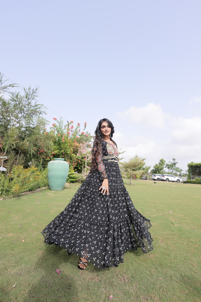 RangBhoomi Bandhani & Kutchi Patchwork Faux Georgette Gown — Full Sleeve, 12m Flair, Cotton Lining