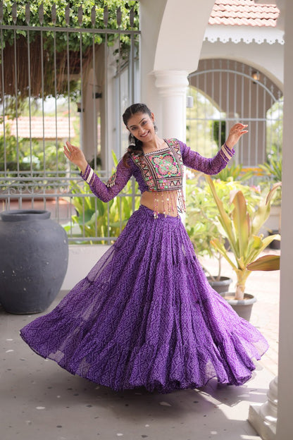 RangBhoomi Bandhni Faux Georgette Full-Stitched Lehenga Set with Designer Square Neck Blouse
