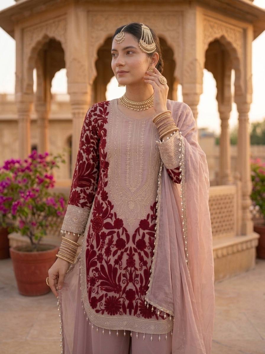 RangBhoomi Designer Party Top, Palazzo & Dupatta Set with Heavy Embroidery