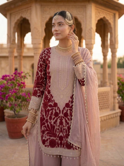 RangBhoomi Designer Party Top, Palazzo & Dupatta Set with Heavy Embroidery