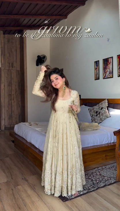 Embroidery Detailed Fully Stitched Ready-to-Wear Gown and Dupatta Set in Crunchy Silk