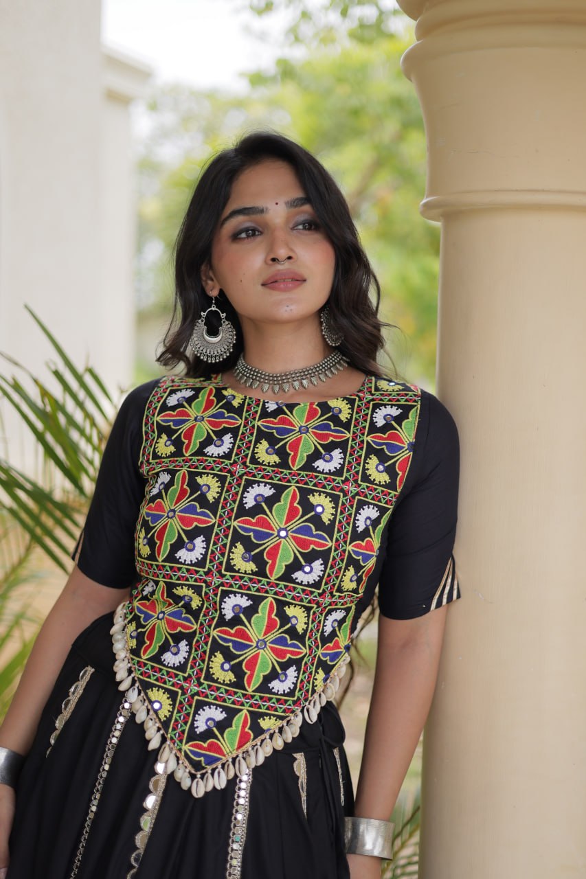 RangBhoomi Navratri Reflective Rayon Lehenga Set with Mirror & Gota Lace (Black, Maroon, White)