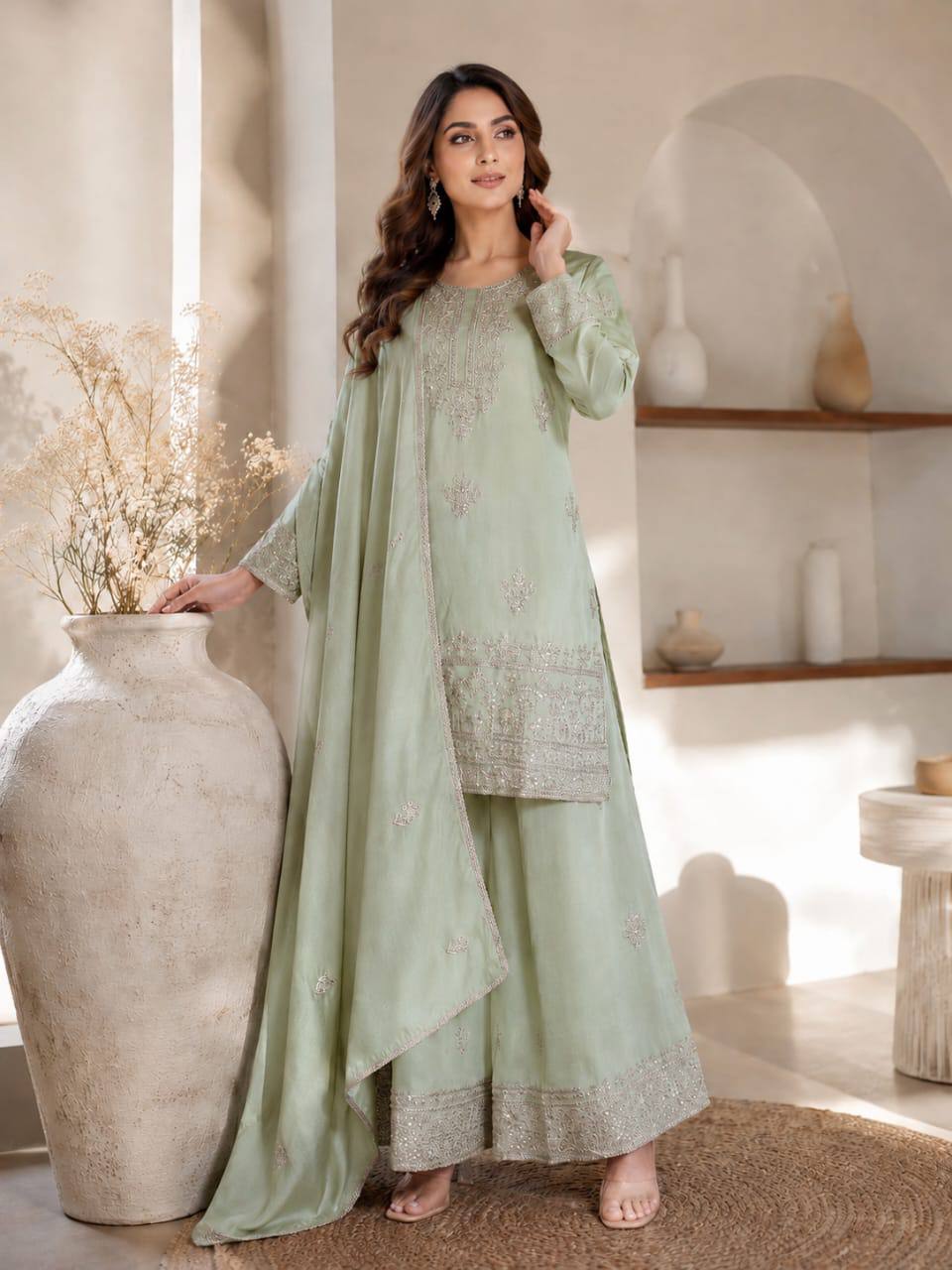 Exclusive Designer Collection for Festivals – Elegant Vichitra Silk Ensemble with Embroidered Sequence