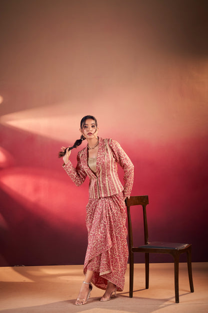 Elegant Tasar Silk Ensemble with Flowing Silhouettes and Artistic Prints for Festive Charm and Modern Style