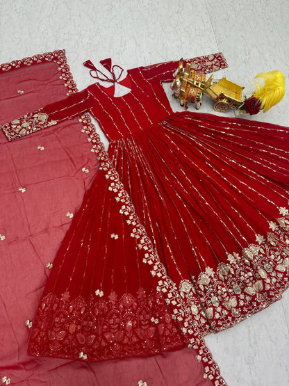 RangBhoomi New Festival Collection Long Gown with Dupatta – Elegant Fox Georgette Fabric with Heavy Sequence Embroidery