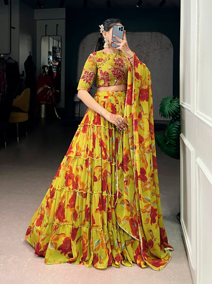 Elegant Floral Marble Print Lehenga Choli Set with Handwork and Lace Border Dupatta