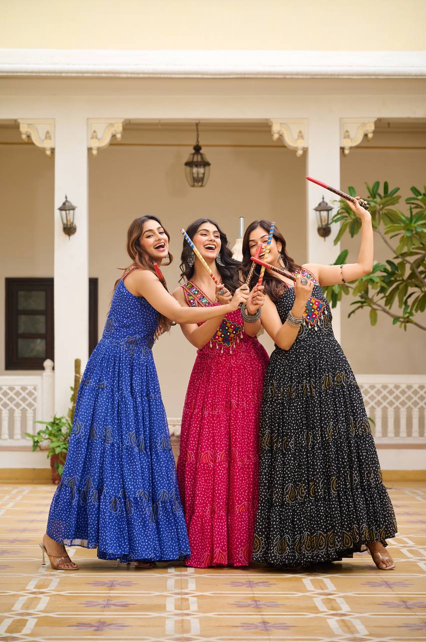 Vibrant Bandhani Gamathi Work Gown – Festive Flair for Navratri