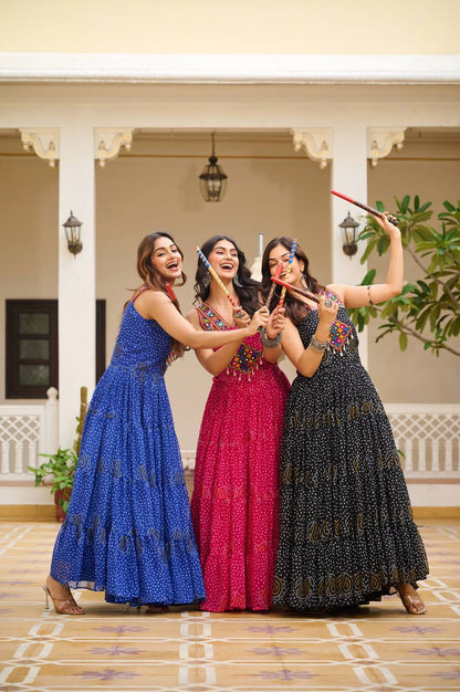 Vibrant Bandhani Gamathi Work Gown – Festive Flair for Navratri