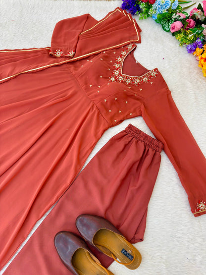 RangBhoomi Elegant Party Wear Fox Georgette Gown Set with Dupatta and Crepe Pants