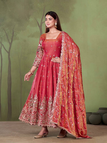 RangBhoomi Designer Party Wear Gown Set — 10 Colors, Heavy Jelly Shimmer Silk, Fully Stitched Embroidered Gown with Dupatta & Micro-Cotton Pant