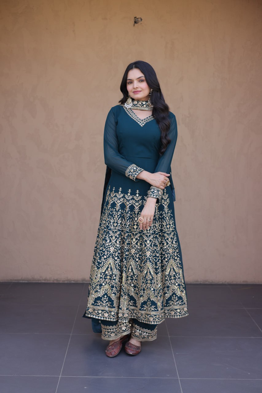 RangBhoomi Premium Readymade Gown with Pant & Dupatta Set - Embroidered Faux Blooming Festive Ensemble