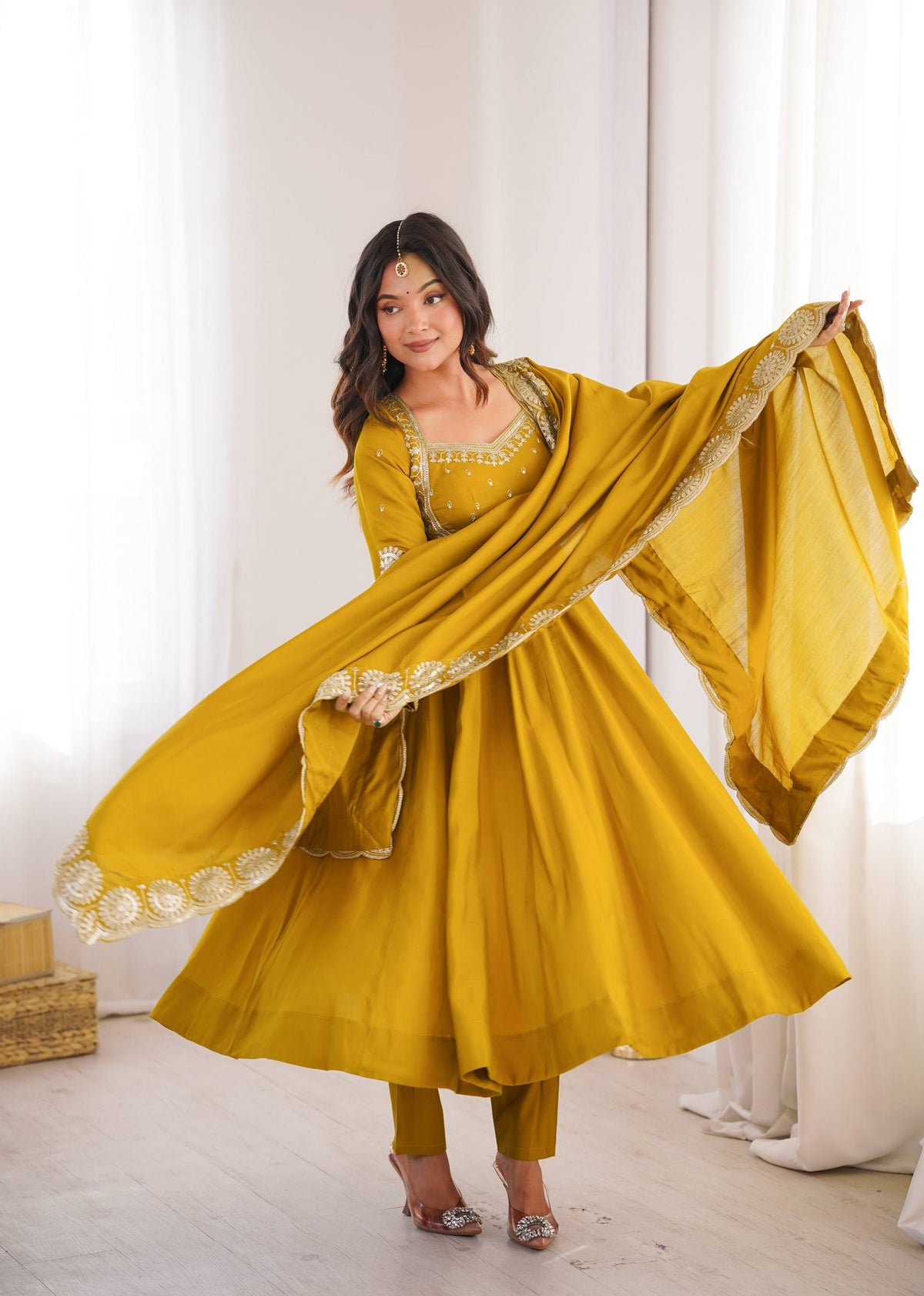 RangBhoomi Designer Anarkali Gown Set with Chanderi Dupatta - Roman Silk, Embroidered Sequins