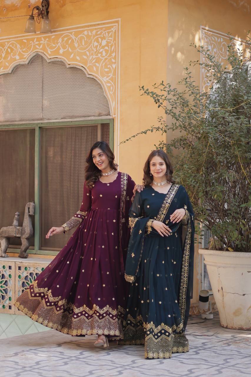 Models in teal and plum Anarkali gowns with matching dupattas.