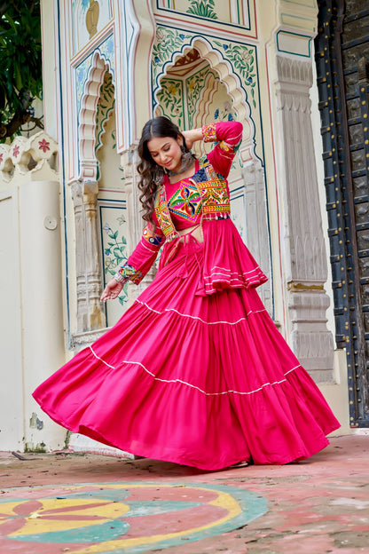 Navratri Special Gamthi Embroidery Lehenga Choli with Mirror and Ribbon Lace – Pure Cotton, Fully Stitched, 9 Meter Flair