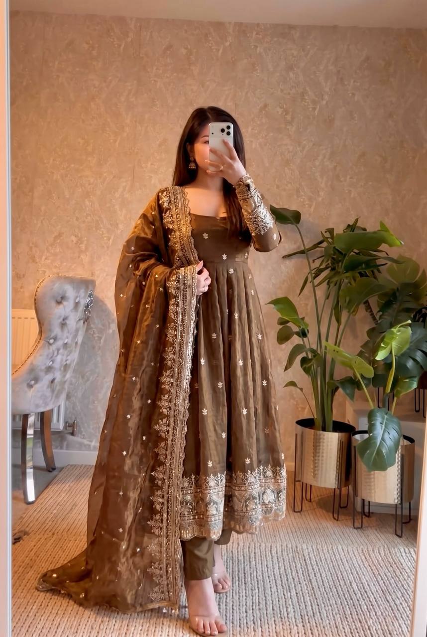 RangBhoomi Designer Embroidered Party Gown with Dupatta & Pant — Heavy Fandy Silk, 17 Colours