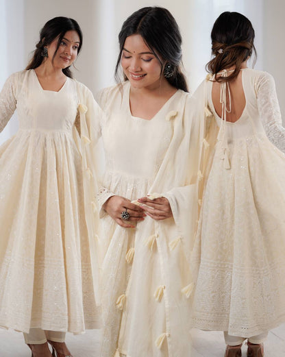 Elegant Anarkali Gown Set with Bottom and Dupatta – Pure Kora Cotton, Fully Stitched, Ready to Wear