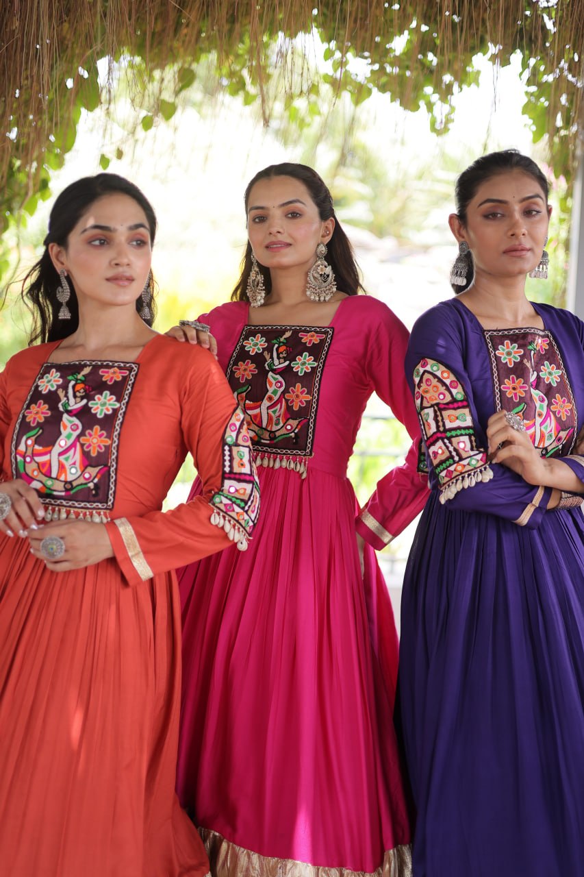 RangBhoomi Navratri Gown Collection 2026 — 14KG Rayon Kutchi Gamthi Thread Work, 12m Flair
