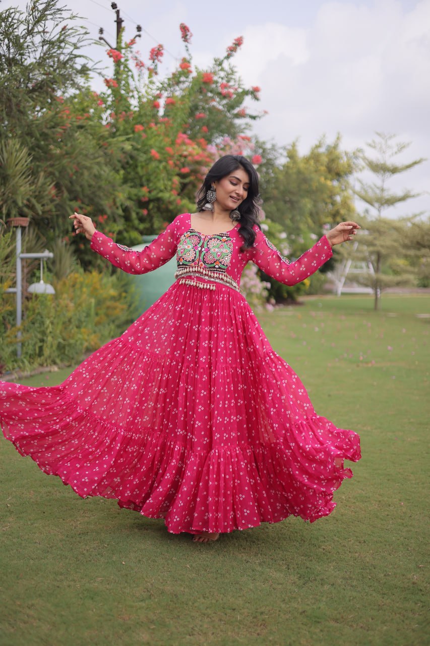 RangBhoomi Bandhani & Kutchi Patchwork Faux Georgette Gown — Full Sleeve, 12m Flair, Cotton Lining
