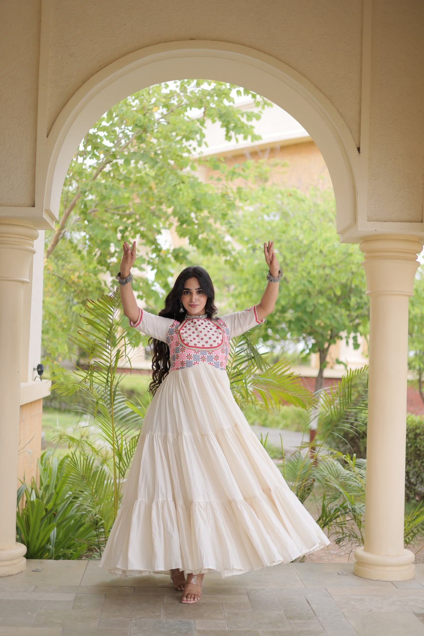 RangBhoomi Navratri Embroidered Kora Cotton Gown — 54" Festive Flair
