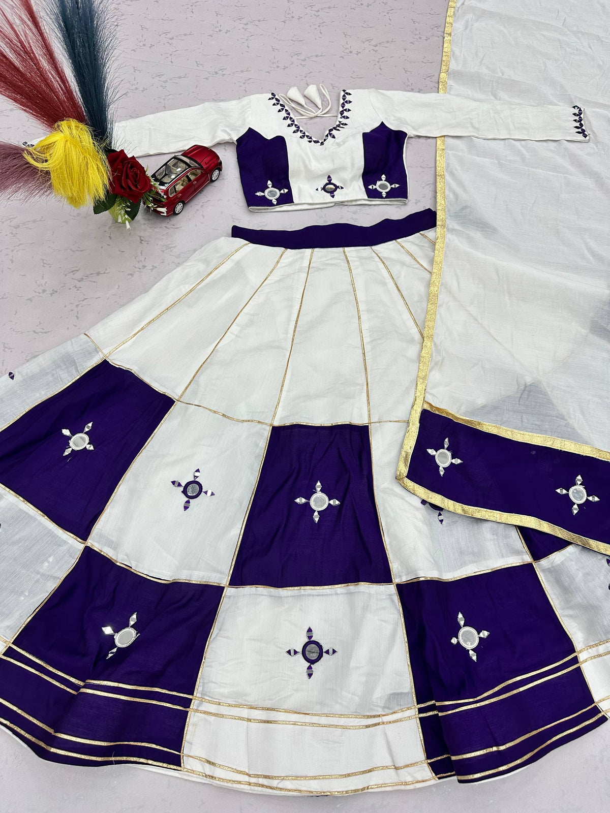 RangBhoomi Navratri Special Pure Cotton Lehenga Choli with Heavy Mirror & Gotapatti Work (Full-Stitched, 6m Flair)